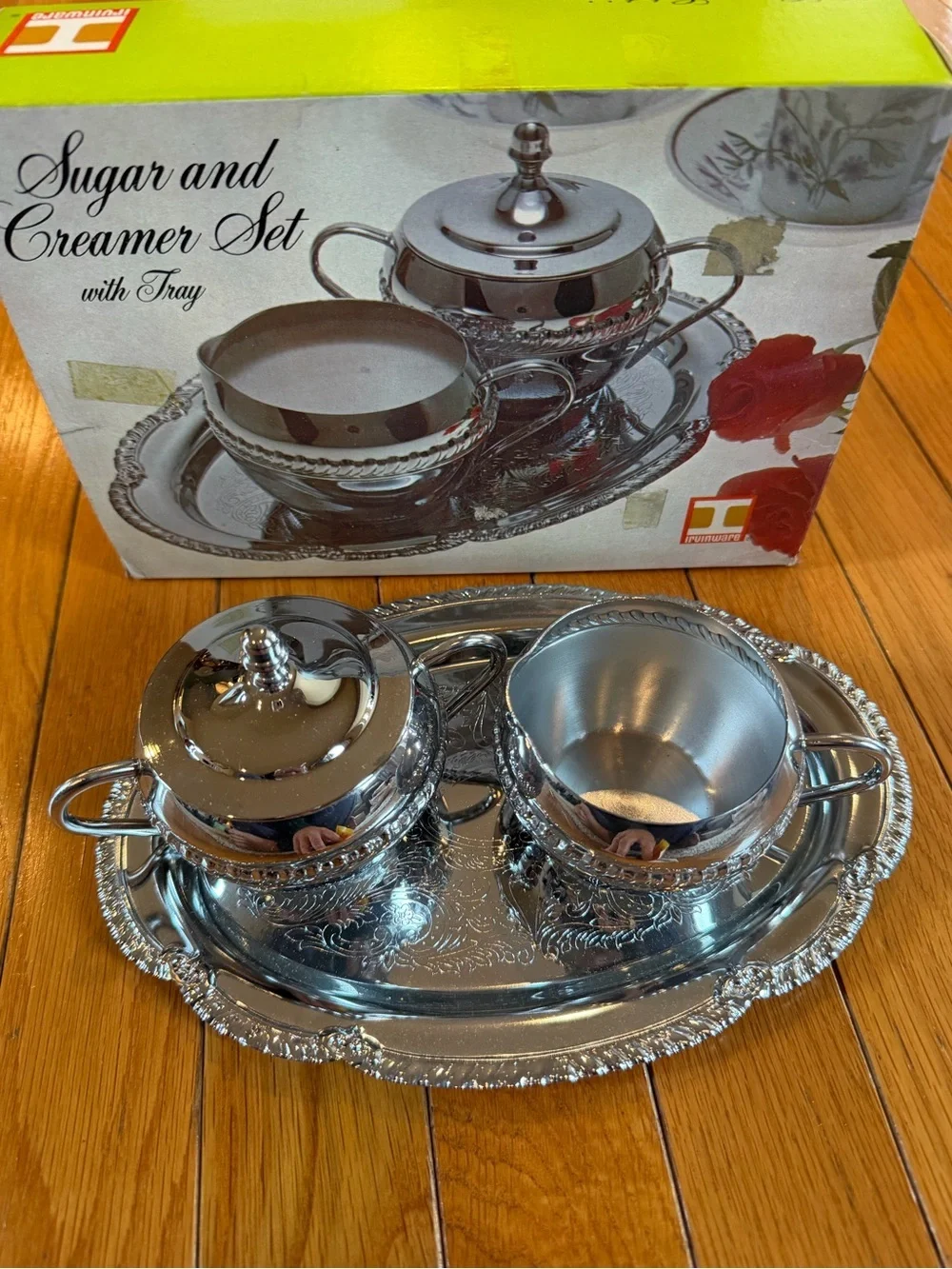 Vintage Irvinware Silver Sugar Bowl and Creamer Serving Set with a Matching Tray